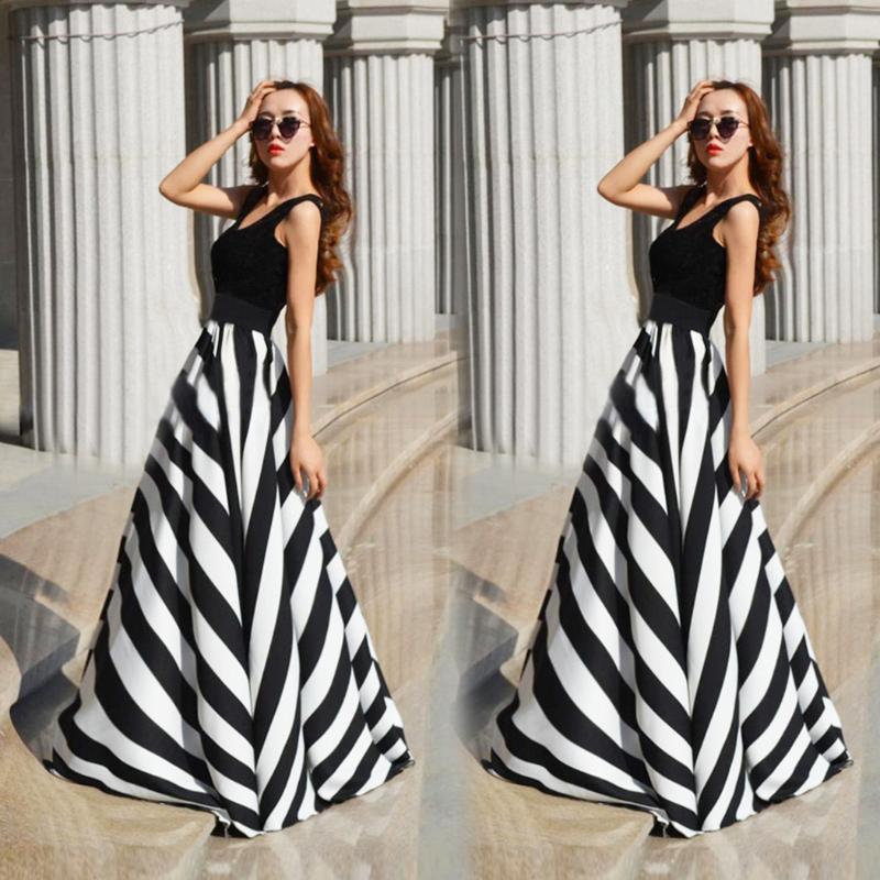 

Summer Elegant Maxi Dress Women Sexy Sleeveless Striped Long Beach Dress Female Plus Size Tunic Dresses Bodycon Robe Femme, As the picture