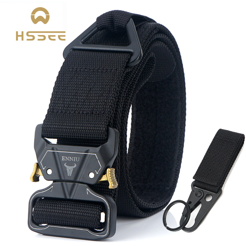 

HSSEE official authentic original men's tactical belt 4.3cm soft real nylon army belt free 600D encrypted nylon buckle, Black