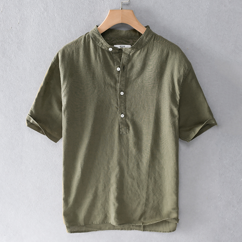 

New brand summer men shirt casual short-sleeved stand collar shirts for men fashion solid shirt mens fast shipping overhemd, Army green
