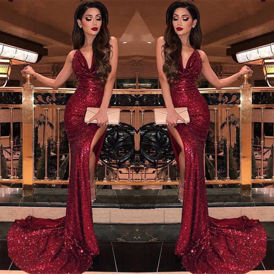 

2019 Burgundy V Neck Sequin Mermaid Prom Dresses Split High Slits Vestidos De Fiesta Sweep Train Formal Long Evening Party Prom Gowns BC0866, Lilac
