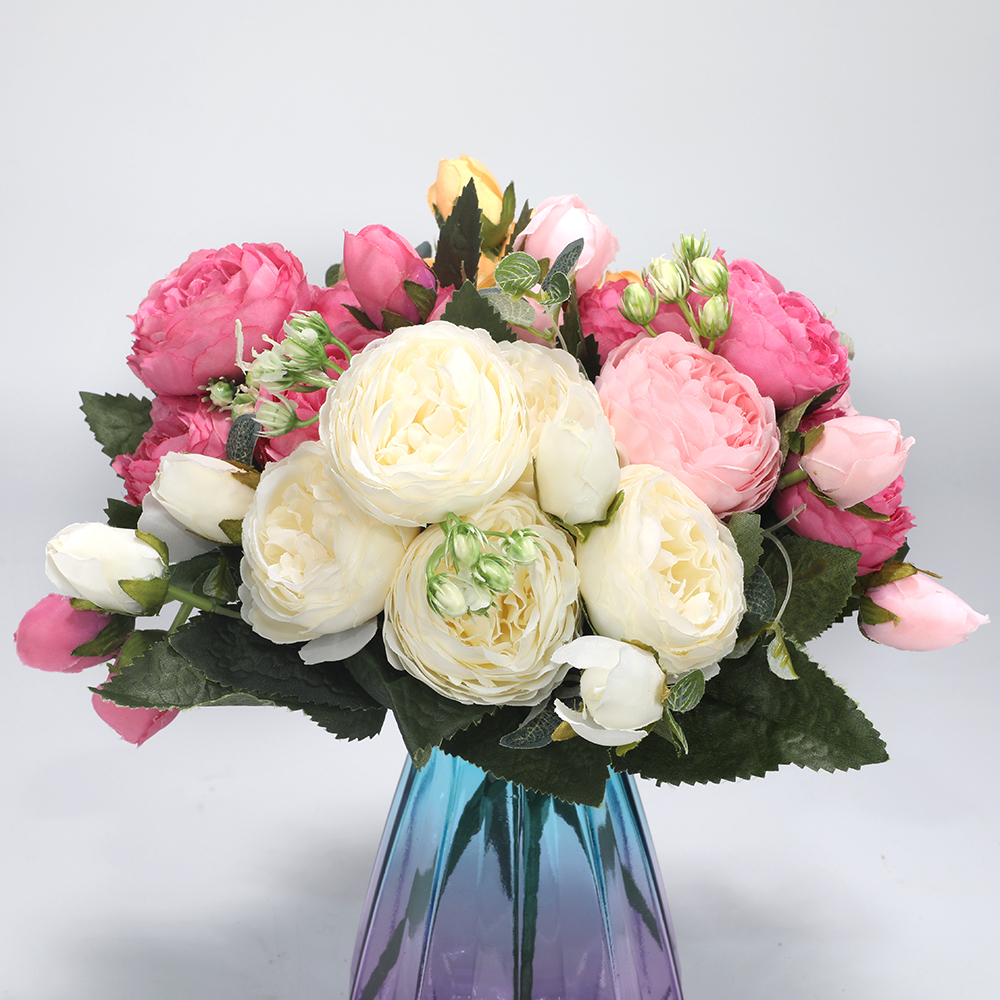 

2pcs/lot Artificial Rose Silk Peony Flowers For Wedding Decor Fake Flowers Bouquet 5 Flower Head And 4 Bud Artificial, White