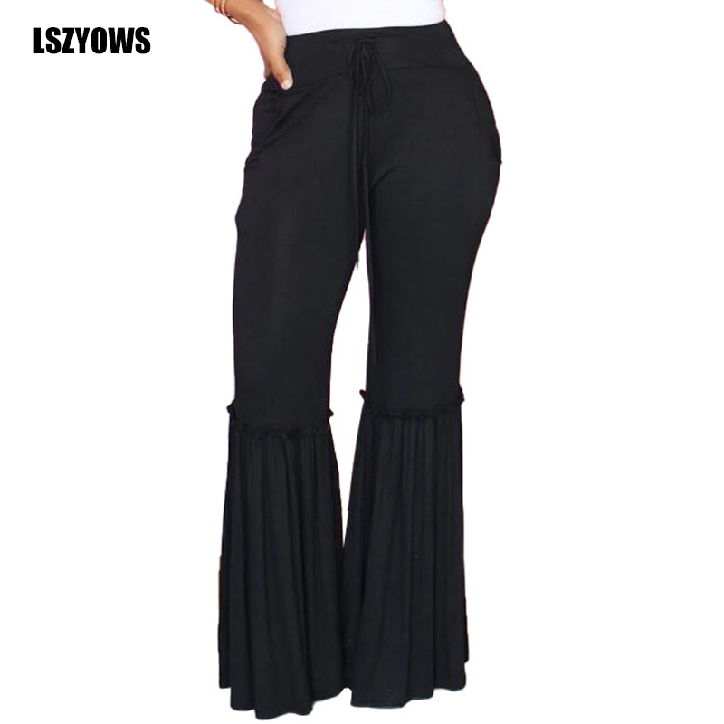 Fashion Ruffle Flare Pants Women Summer High Waist Drawstring Bell Bottom Pants Wide Leg Trousers Solid Vintage Casual Sweatpant T200421