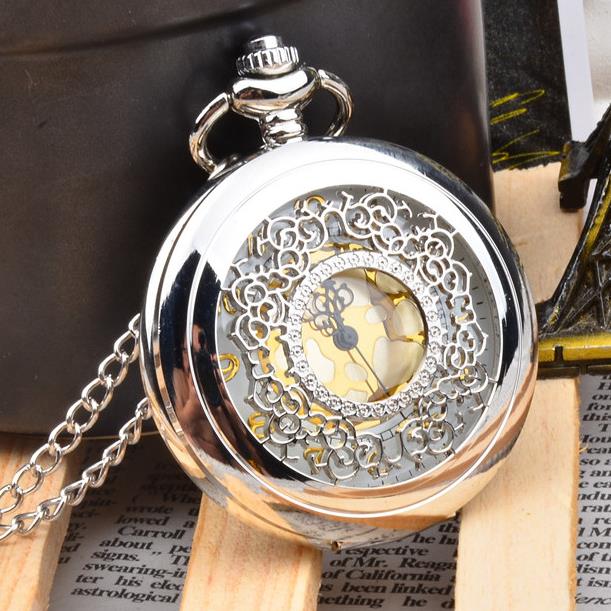 

Fashion vintage pocket watch white steel cut-out flip fake mechanical pocket watch vintage male and female students watch, Gold