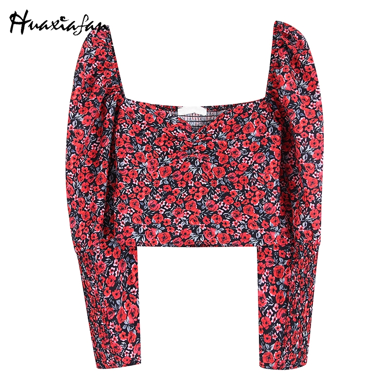 

Huaxiafan blouse women retro floral print blouse crop top vintage chic shirt puff long sleeve female short tops flower printing, Red