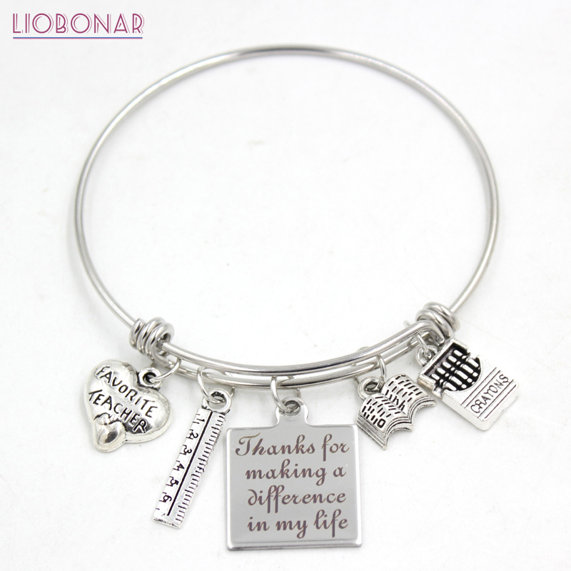 En gros Nouvelle Arrivée En Acier Inoxydable Fil Bracelet Bracelet Livre Règle Crayons Enseignant Préféré Charme Bracelets pour les cadeaux de la