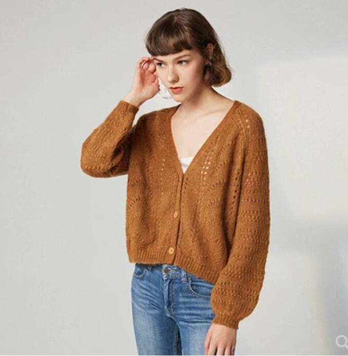 

French Chic Mohair Wool Blend Hollow Out Knitted Sweater V Neck Raglan Sleeve Long-sleeved Cardigans, Brown