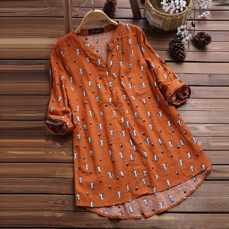 

Women Long Sleeve Cotton Linen Kaftan Ladies Baggy Cat Print Shirt Tops -5XL Fashion Casual Female T-shirt hot#es, Orange