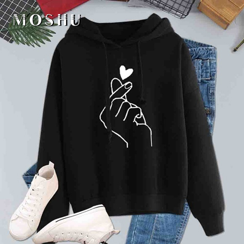 

Women Hoodies Casual Kpop Sweatshirts Long Sleeve Female Pullovers Finger Heart Love Pattern Hooded Fashion Drawstring Plus Size, Red