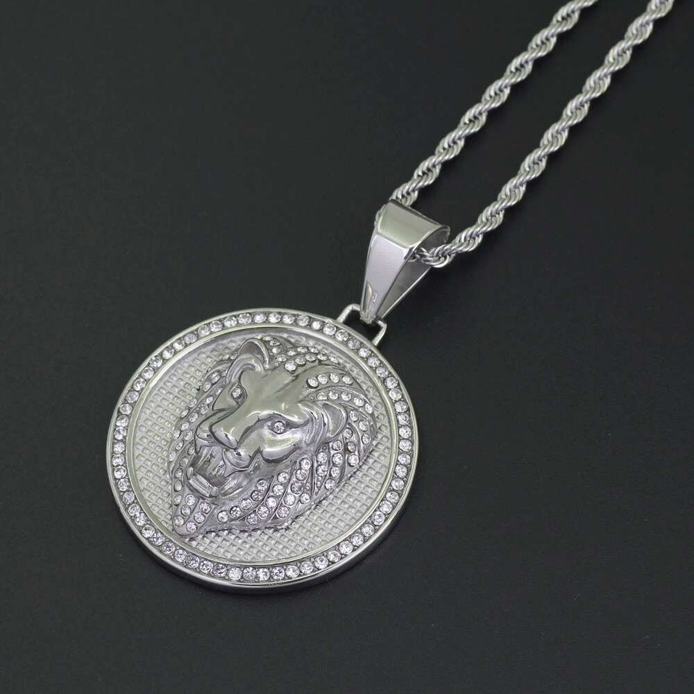 

Fashion- lion head diamonds pendant necklaces for men western animal luxury necklace Stainless steel Cuban chain round dog tag jewelry