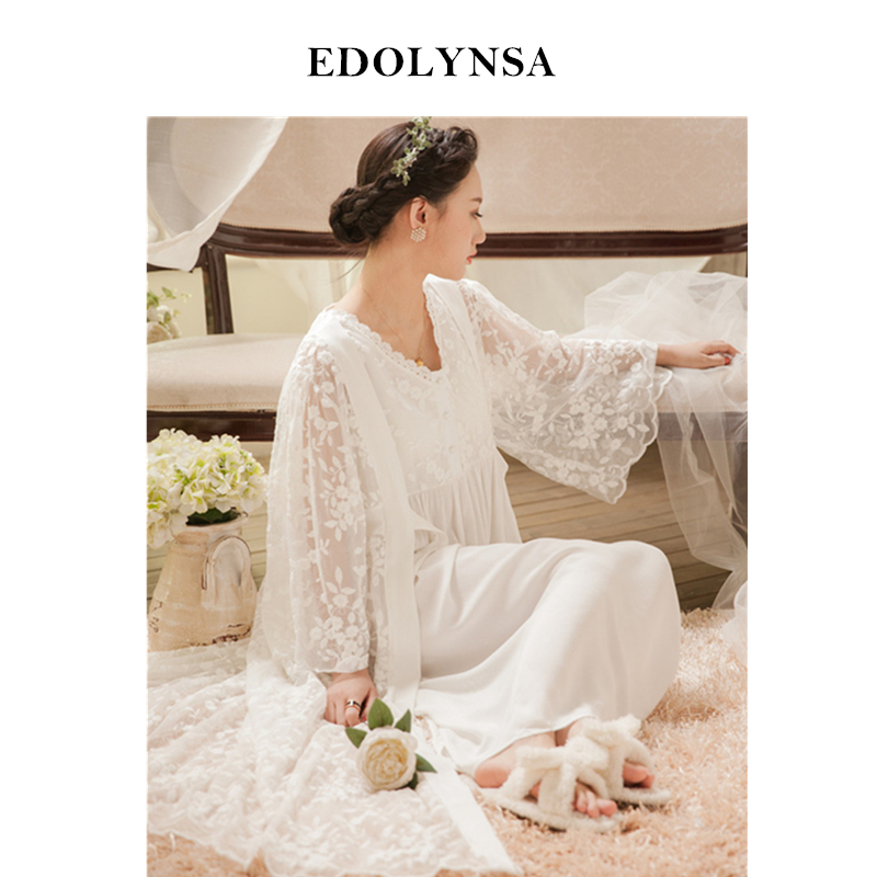 

2019 Robe Gowns Set 2 Piece Sleepwear Vintage Robe Lace Nightgown Set For Ladies Embroidery Sleepwear Princess Gowns #L120, Blue