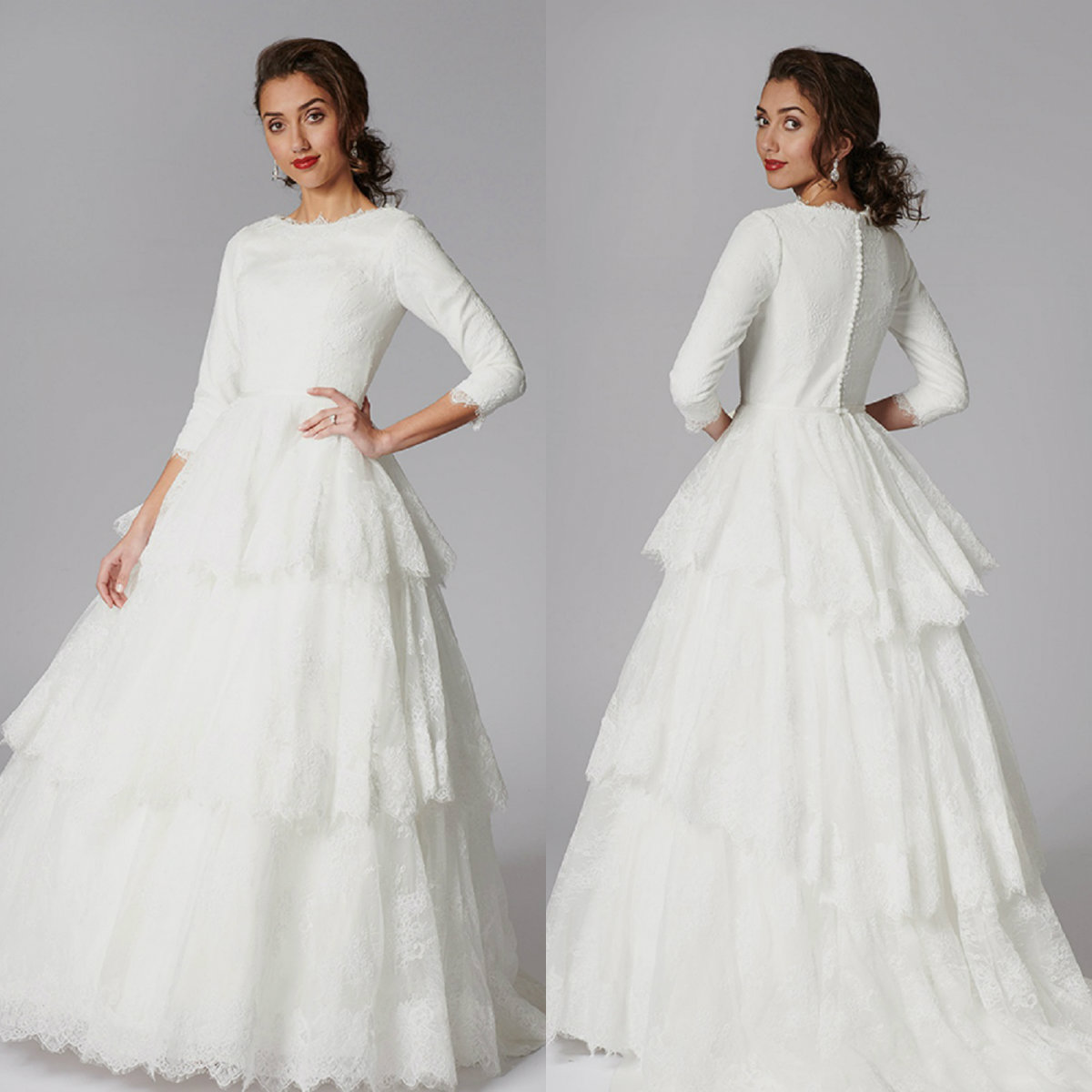 

Modest A Line Wedding Dresses Jewel Neck 3/4 Long Sleeve Appliques Lace Plus Size Wedding Dress Sweep Train Robes De Mariée, Blue