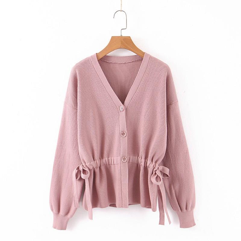 

Fashion Chic Waist Lace Up Bowknot Knit Cardigans Long Sleeve V-Neck Sweaters Coat 2019 Single Breasted Knitwear, Beige