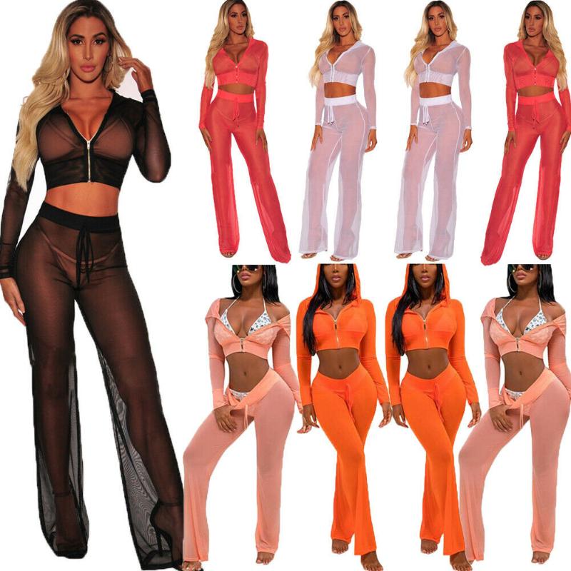 

2020 Women Sexy Swimwear Swimsuit Two Piece Suits Sheer Mesh See Through Zipper Hooded Crop Top Long Pants Cover Up Wrap