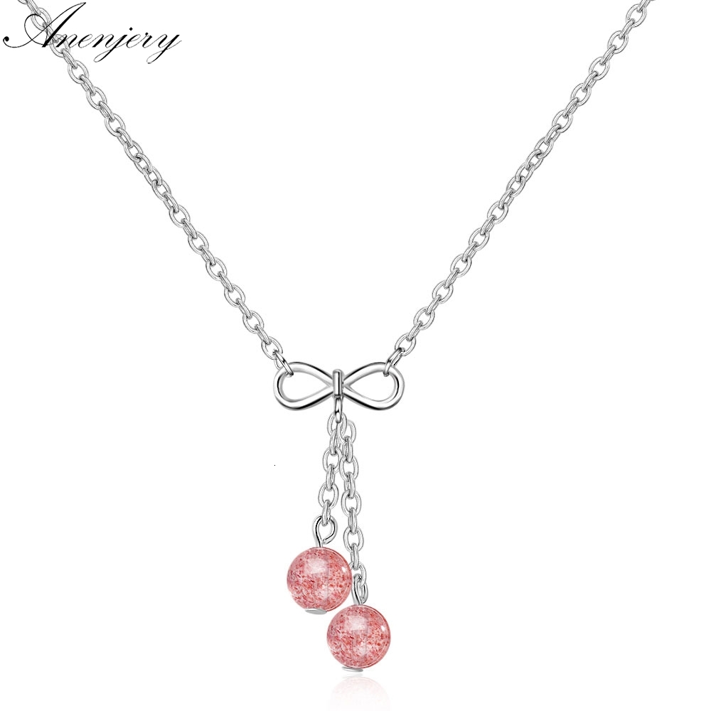 

Strawberry Crystal Moonstone Beads Tassel Bowknot Pendant Necklace Women 925 Sterling Silver Chain Necklace