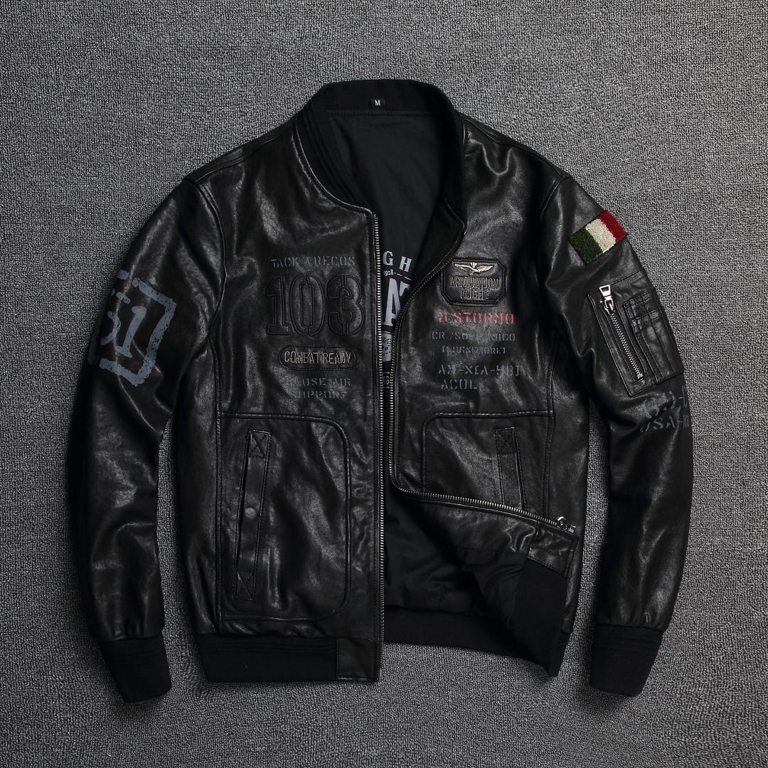

2019 Men' Leather Jacket Real Sheepskin Coat Genuine Jacket Men O-Neck Collar Bomber Motorcycle Jackets Free Shipping, Brown