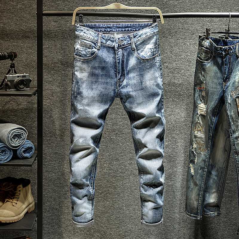 

Cotton Jeans Men Spring Men Clothes Printed Denim Cotton Vintage Hip Hop Work Pants Casual Trousers Stretch Ripped Jeans blue