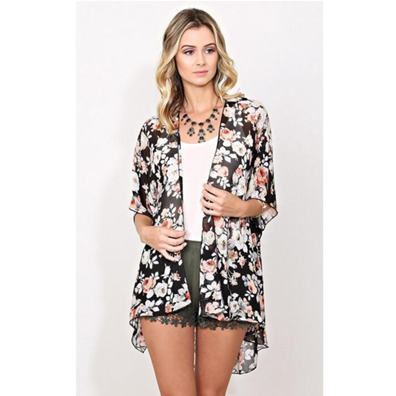 

Women Floral Chiffon Cover Ups Cardigan Boho Vintage Cover Ups Flower Print Chiffon Cover-Ups Women Loose Swimwear