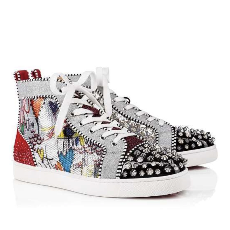 

Beat Quality Spikes High Top Red Bottom Pik Pik Studded Sneakers Shoes Women Men trainers Flat Casual Red Sole Party Shoes, Color 19