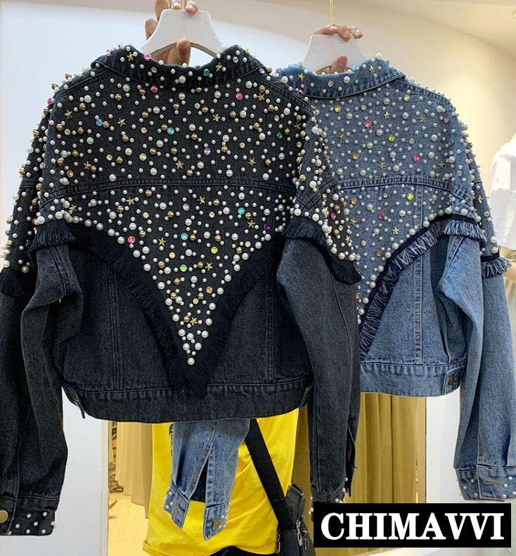 

Autumn New Fashion Heavy Beads Washing Denim Jacket Coat Women Loose Short Cowboy Coats Studded Jeans Jackets Outwear, Black