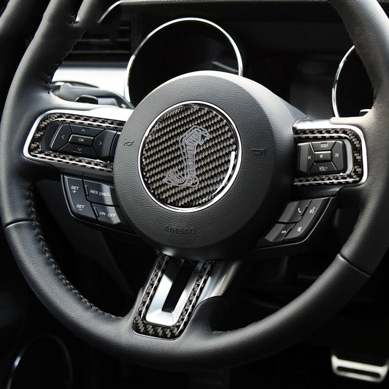 

Mustang Carbon Fiber Steering Wheel Cobra Shelby Logo Emblem Sticker Car Styling For Mustang 2015 2016 2017 Car Accessories, As picture