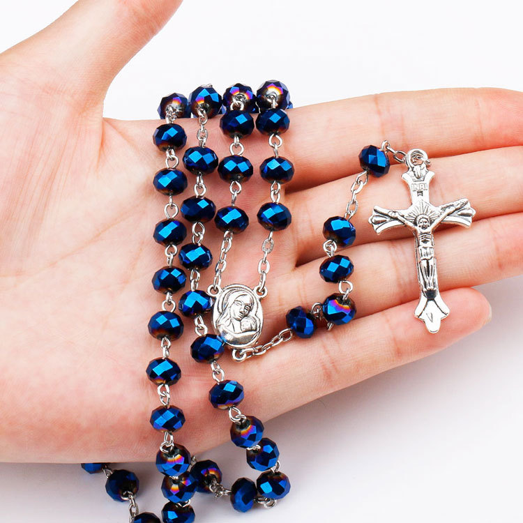 

6x8mm Blue Crystal Beads Rosary Catholic Necklace With Holy Soil Medal Crucifix Prayer Religious Cross Jewelry