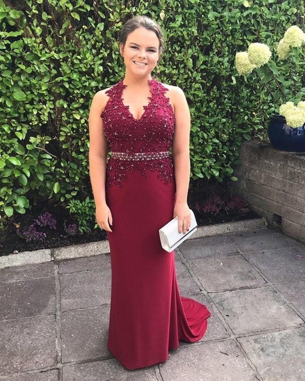 

Spring 2020 Elegant Plus Size Formal Dresses Evening Halter Neck Fitted Sweep Train Crystal Beaded Appliqued Chiffon Burgundy Prom Dresses, Brown