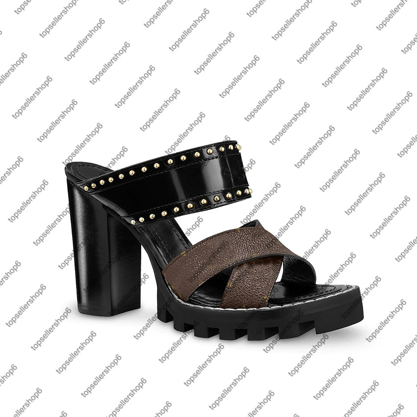 

STAR TRAIL MULE Women canvas 9.5cm calfskin ankle strap chunky high heel slipper slides sandal Treaded rubber outsole shoes, Not sell alone gift bag