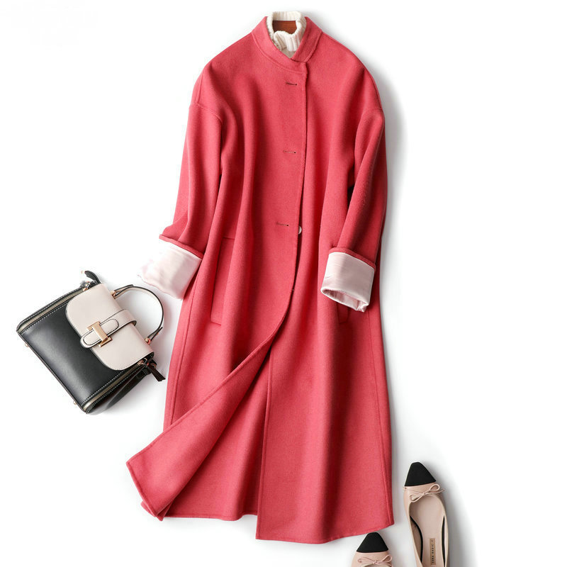 

Net red double-sided cashmere overcoat women' mid long 2019 new Korean pink round neck loose wool coat