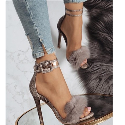 

Luxury 2020 tower buckle sandals Europe and the United States rabbit hair high heels 11CM bag heel gray size 35-42 comfortable wear-resistan, Grey