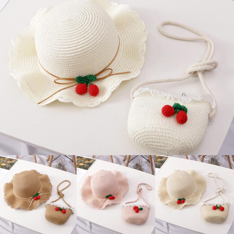 

Girls 2-8 Age Straw Hat Tourism Sun Hat Flower Children Sun And Bag Set, White