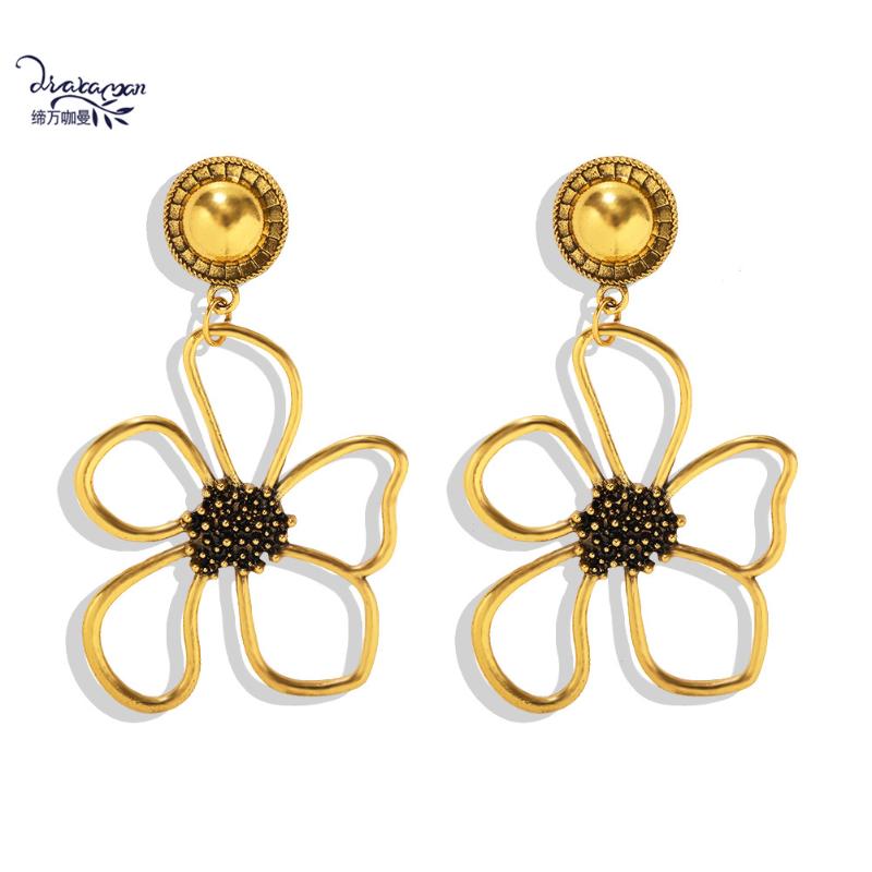

Dangle & Chandelier Dvacaman Vintage Gold Color Metal Flower Drop Earrings Women Hollow Maxi Floral Big Statement Wholesale Jewelry