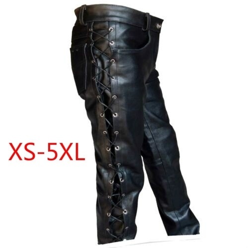 

Men' Thick Leather Pants Black Side Laces Up Jeans For men locomotive Fashion Style Long Pant Motorcycle Leather Trousers Male