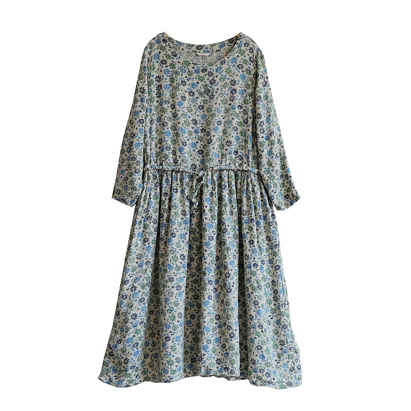 

Johnature Women Vintage Dresses Print Floral Robes Cotton Linen Robes Belt 2020 Spring New O-neck Long Sleeve Loose Women Dress