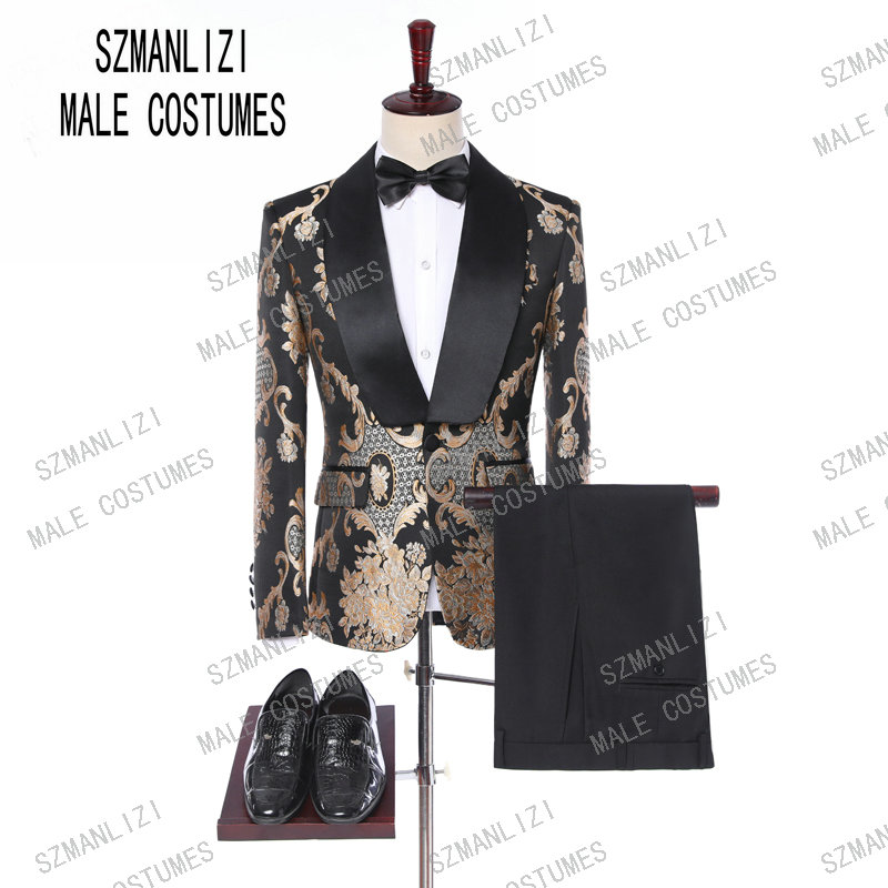 

New 2019 Classic Golden Embroidery Men Suits For Groom Tuxedos Costume Homme Groomsmen Mens Wedding Prom Suits Best Man Blazer, Same as image