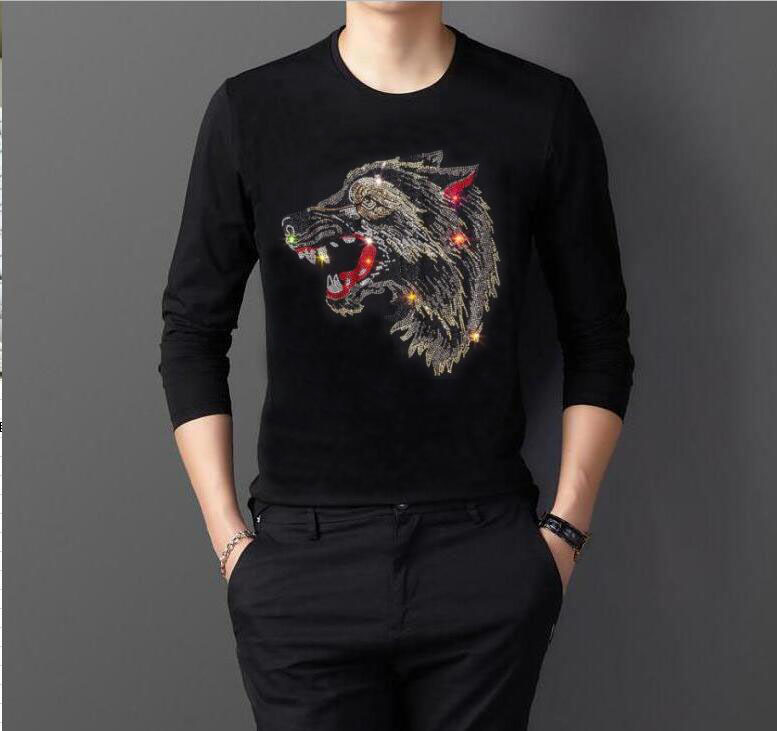 

2020 new Men Casual long Sleeve O-neck Fashion Tshirt Men Hot drill design Tees Top High Quality Brand, Black
