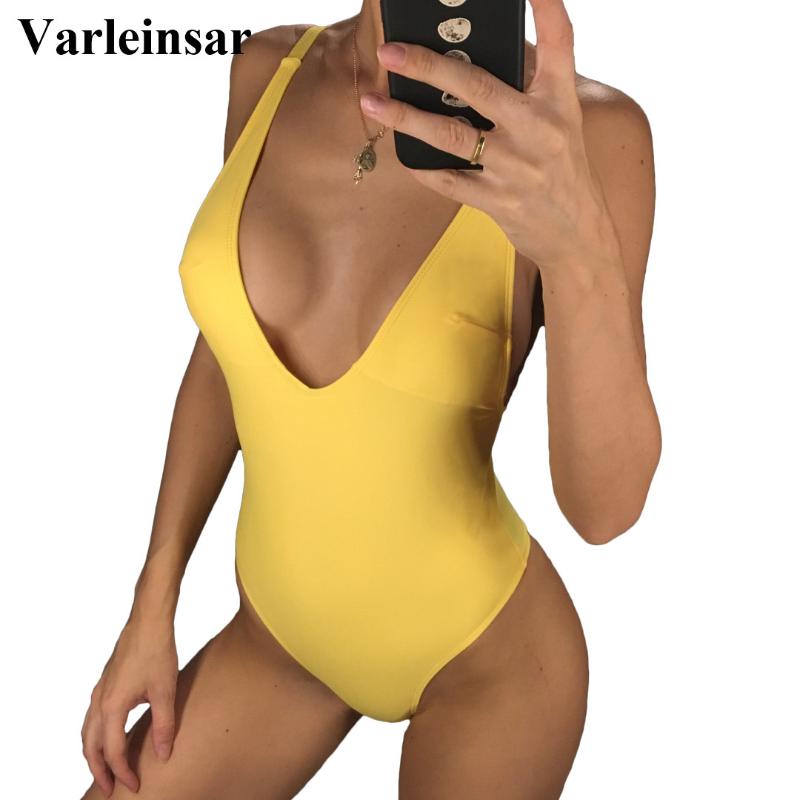 

3 Color V Neck 2019 Women Swimwear High Waist High Cut One Piece Swimsuit Female Bather Bathing Suit Swim Bodysuit Monokini V693, Black
