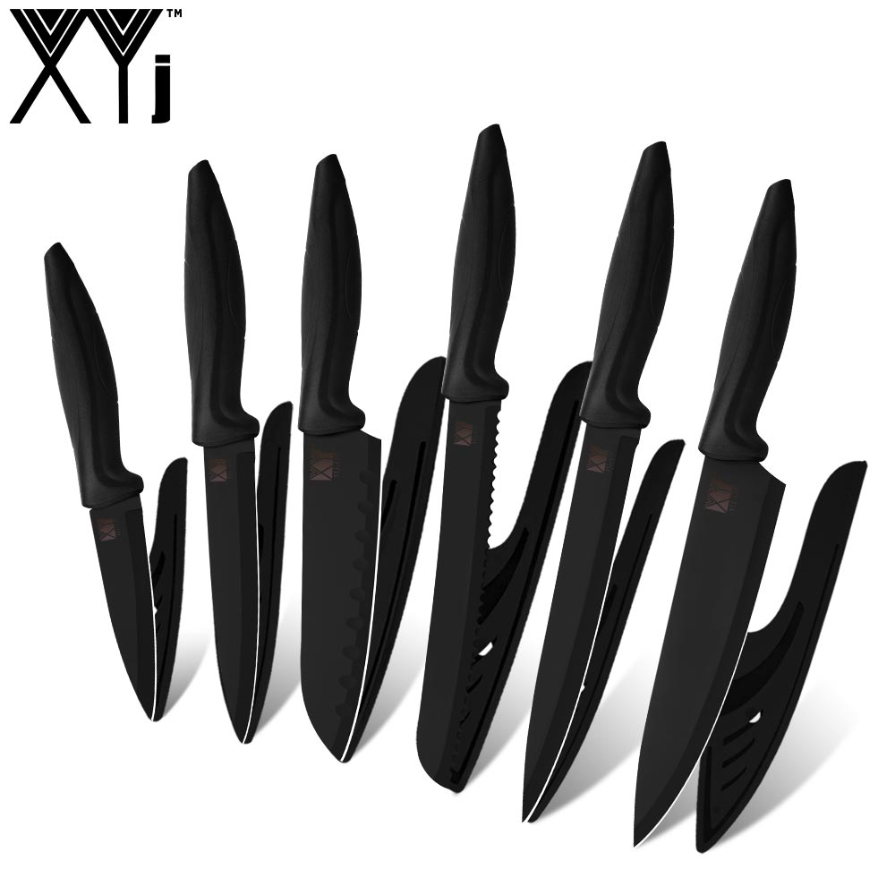 

XYJ Kitchen Knives 6PCS Black Blade Stainless Steel Knife Set Fruit Utility Slicing Santoku Chef Knife Cooking Tools