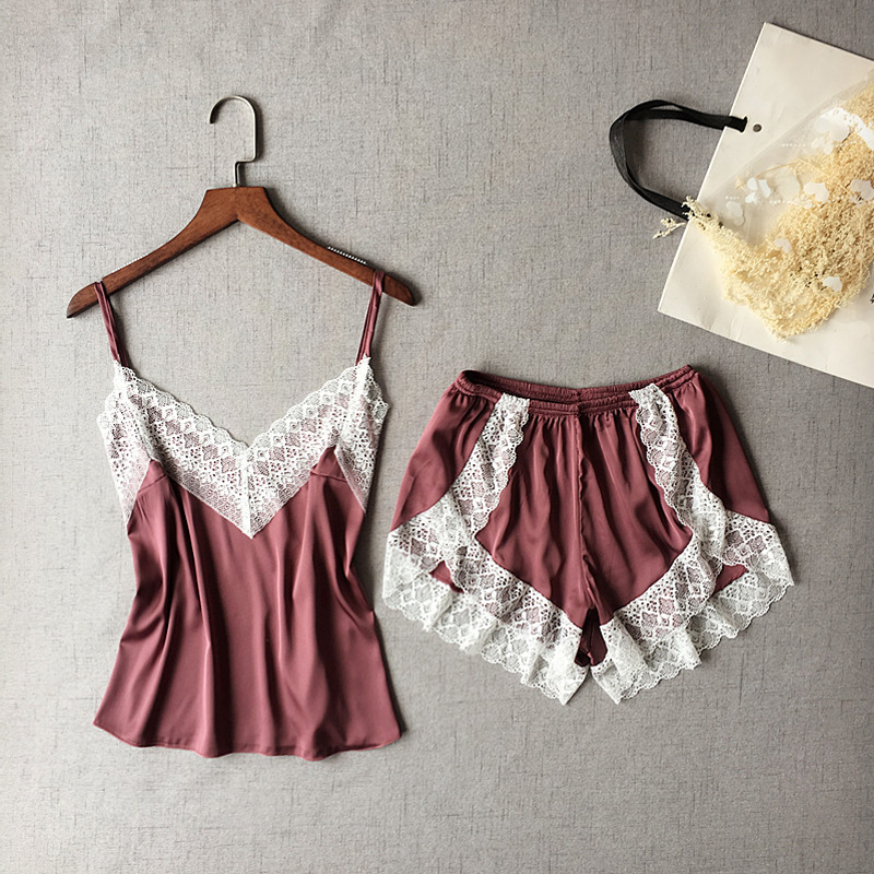 

Drop Ship Women's Home Wear Sexy Lace Suspenders Shorts Pajamas Suit Nightwear High-grade Silk Soft And Smooth Breathable