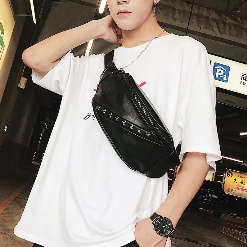

Factory wholesale men bag street fashion rivet punk purse multifunctional leather mens shoulder bags personality cool rivets chest handbag, Black