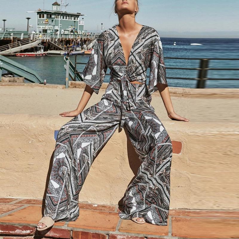 

New Fashion Women V-neck Slim Short Sleeve Digital Print Loose Bow Tie Casual Jumpsuit, Ny