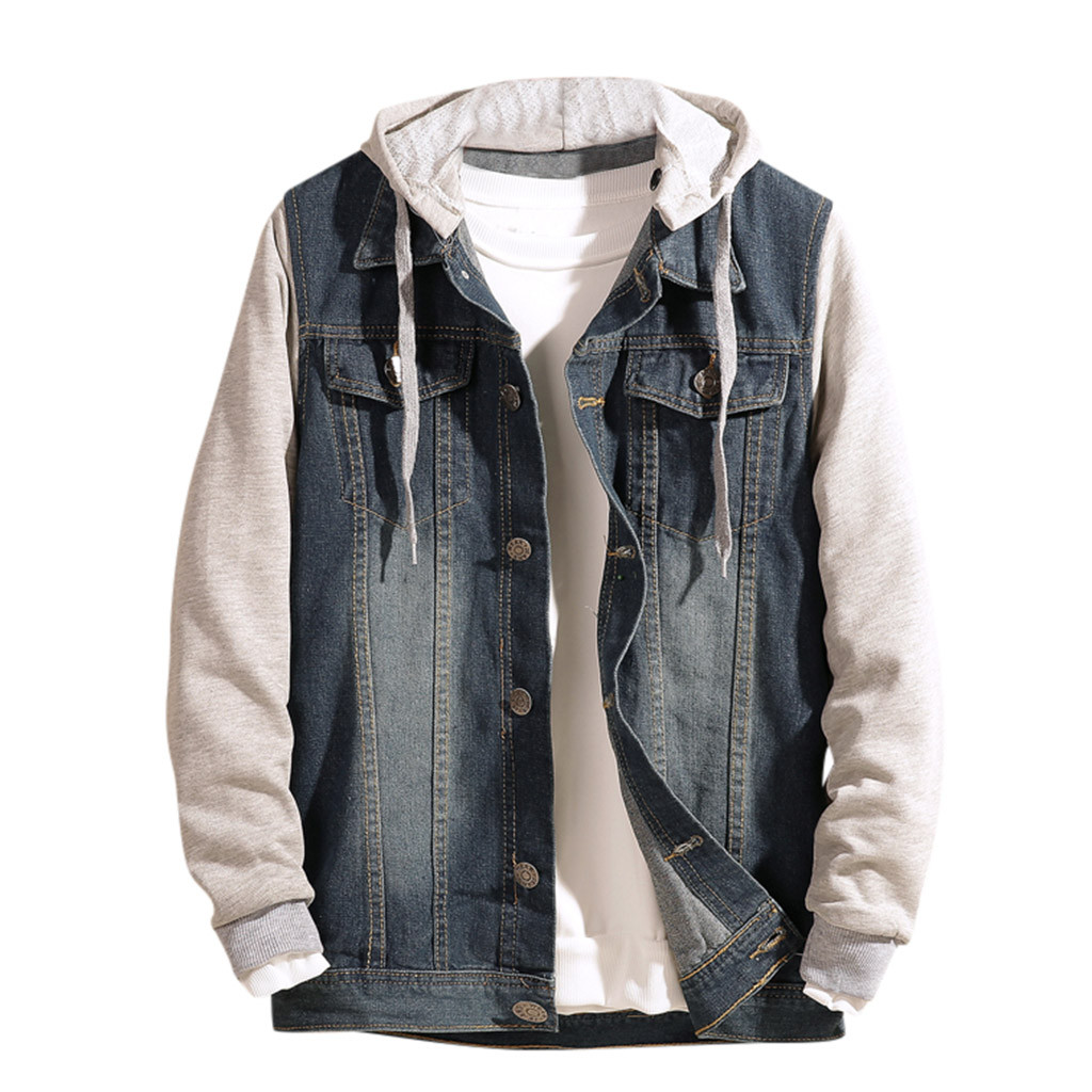 

JAYCOSIN Men's Coats Plus size Fashion Autumn patchwork men demin jean jackets pockets Casual hoodies button men coats outwear, Blue