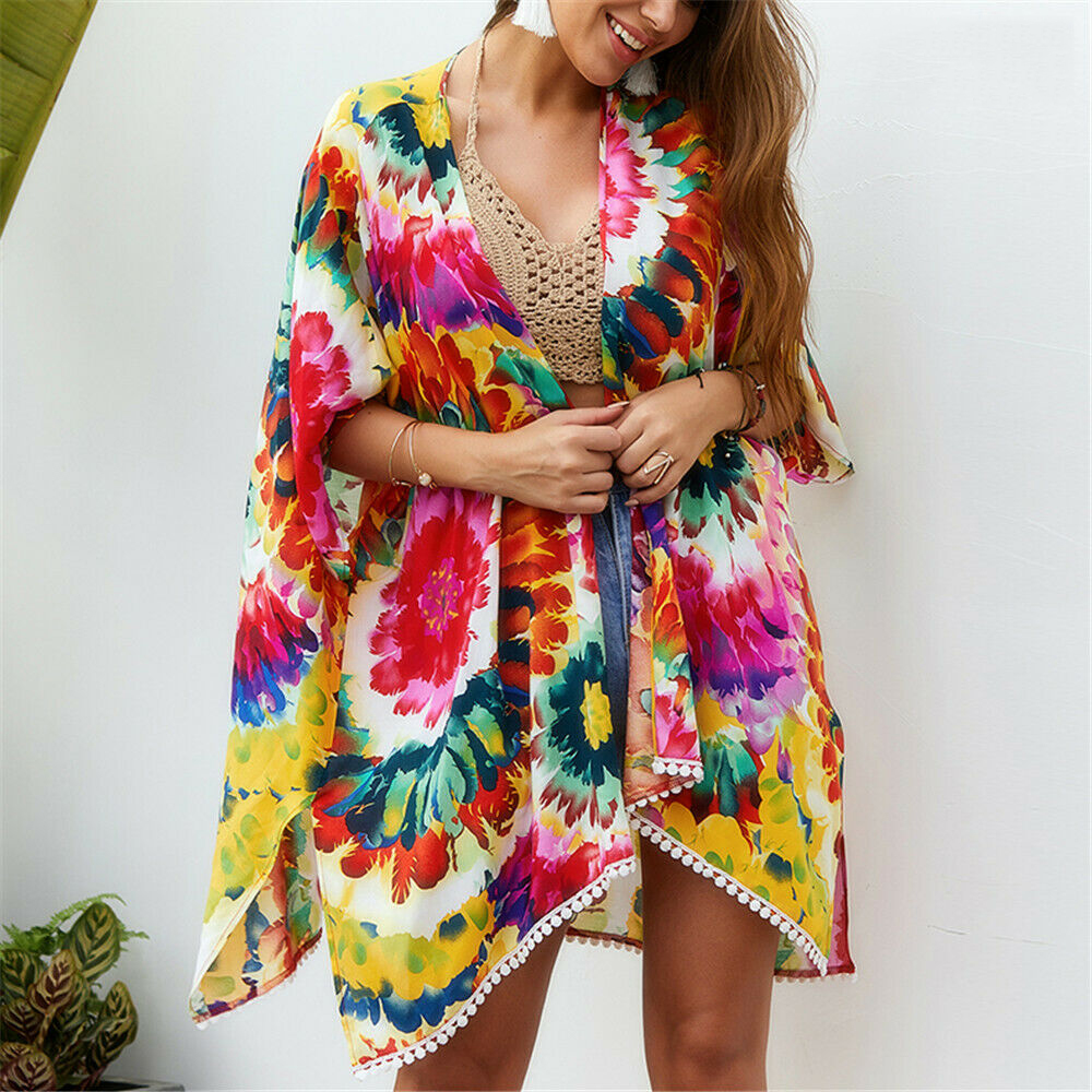 

Women flower Print Chiffon Shawl Blouse summer Kimono Cardigan Loose Top Cover Blouses Ladies Holiday Beachwear Kaftan sun shirt, Red