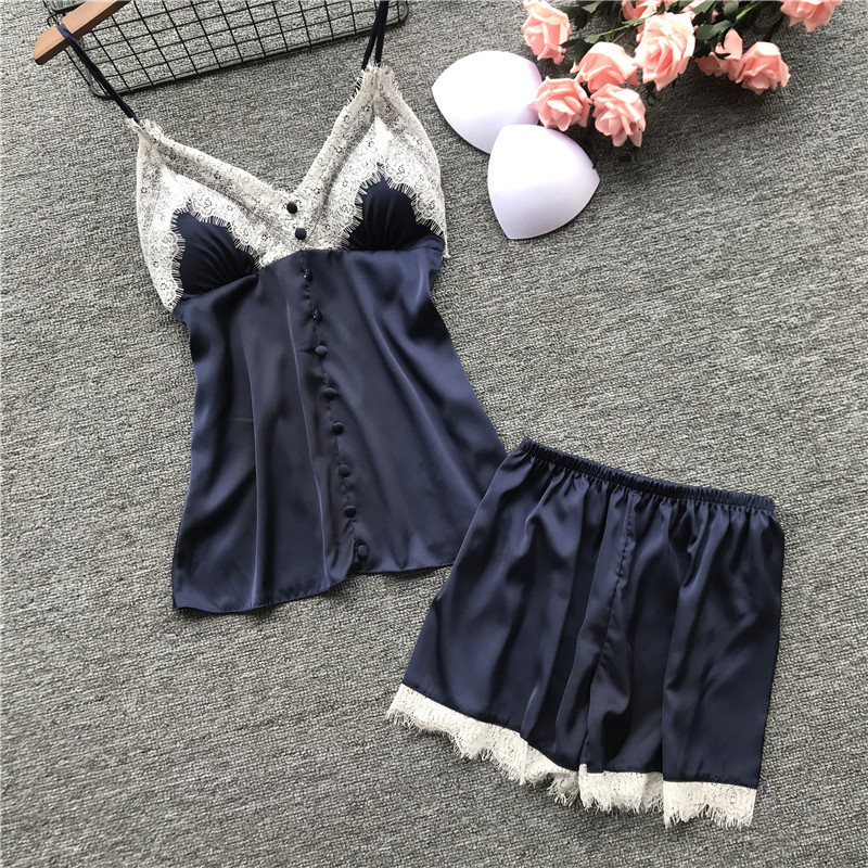 

2019 Summer Women Sexy Lace Pajamas Sets With Shorts Female Satin Spaghetti Strap Flower Print Pyjama Pijama With Chest Pads