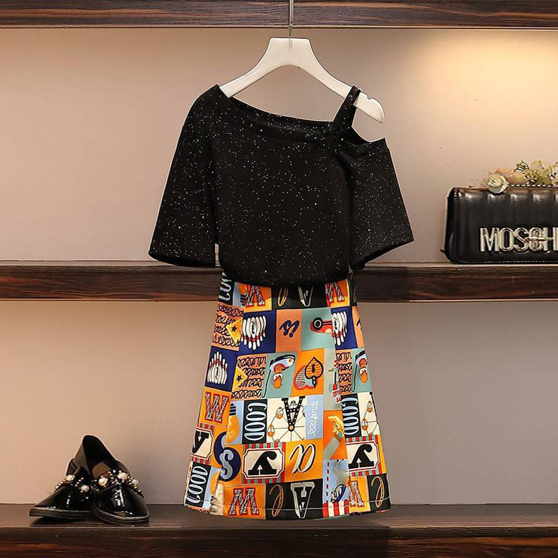 

plus size summer korean skirt set 2 piece set women t-shirt dress two piece outfits sreeetwear 2 summer sets student suit, Model no 2