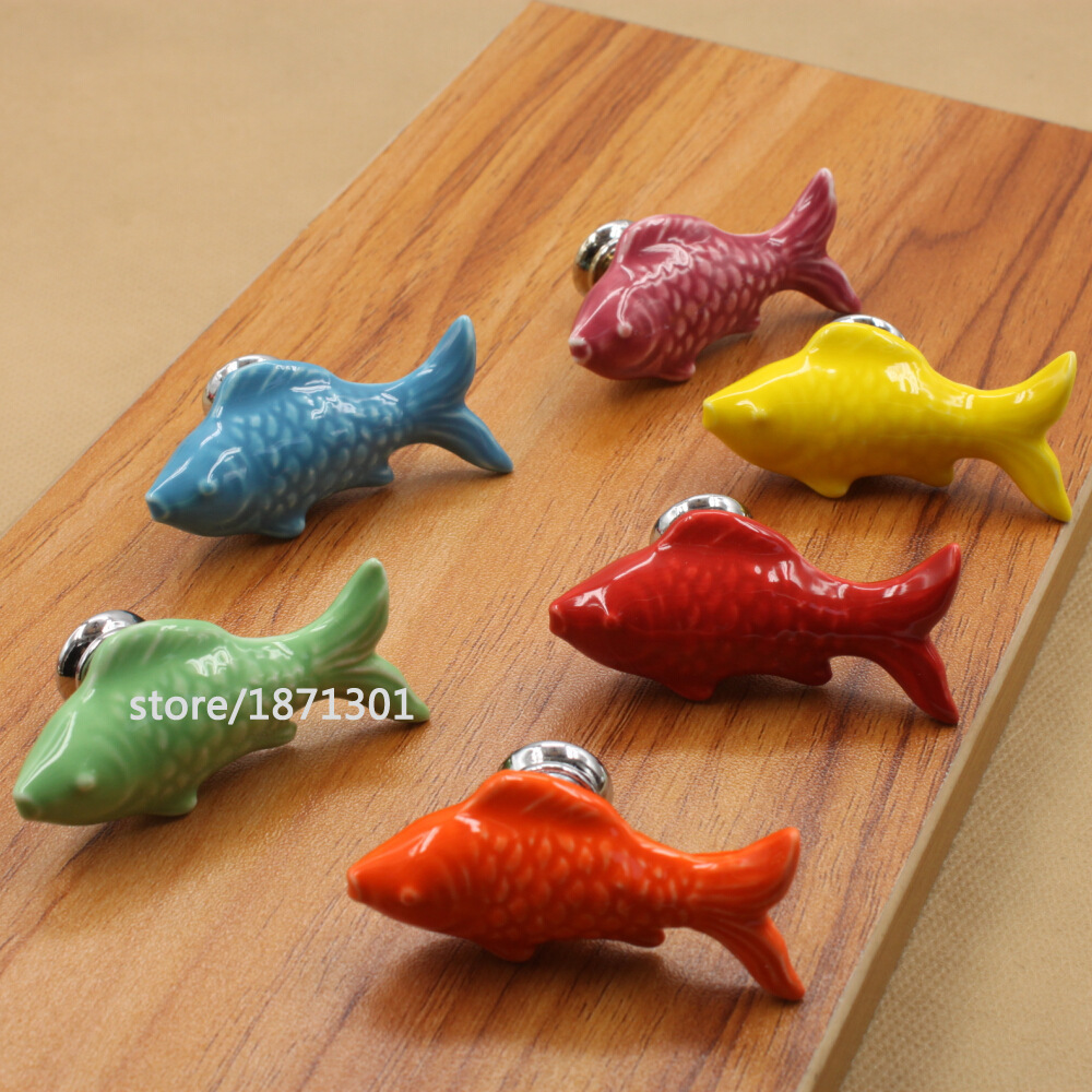 2019 Colorful Fish Knobs Ceramic Drawer Knob Pulls Kids Dresser