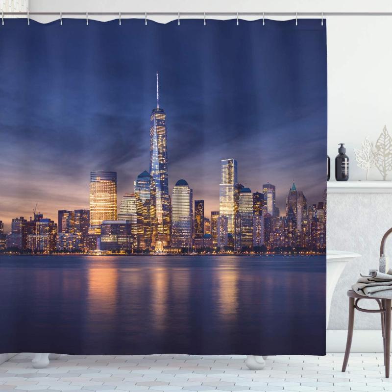 

Cityscape Shower Curtain New York City Manhattan After Sunset View Picture with Skyline Reflection River Fabric Bathroom Decor