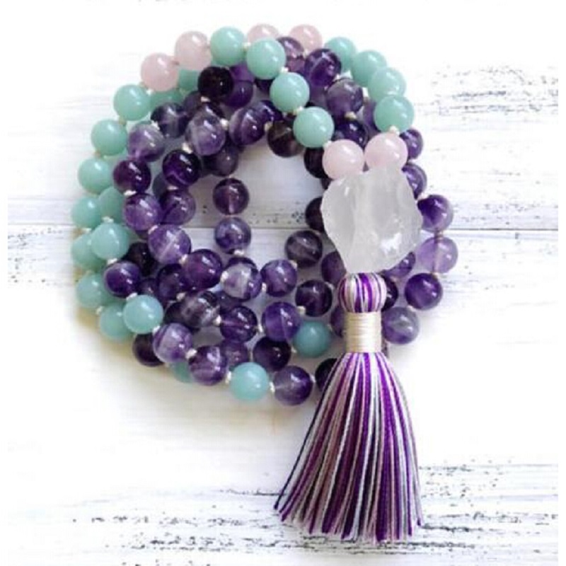 Aigue-marine en cristal violet naturel de 8mm, 108 perles, Bracelet Mala ou collier de guérison de Yoga, pendentif en cristal clair, vente en gro