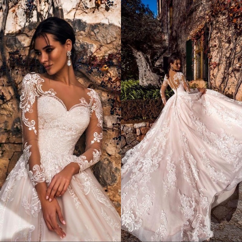 

Elegant Blush Pink Wedding Dresses 2020 Sheer V Neck Long Sleeve Lace Appliqued Court Train Bridal Gowns Vestidos De Noiva, Gold
