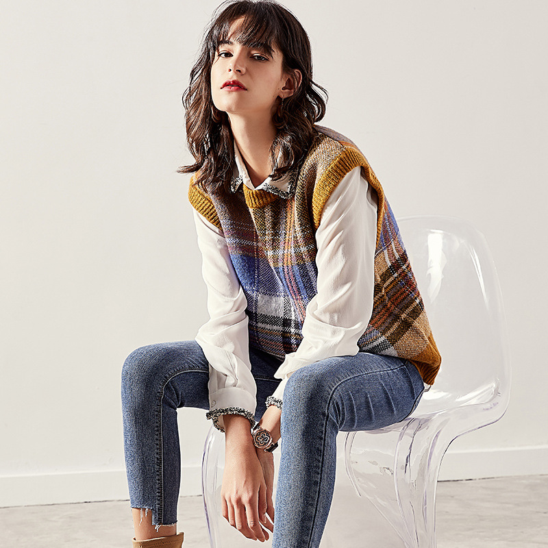 

Ma Haimao retro lattice loose sleeveless vest sweaters fashion 2019 women, Ginger
