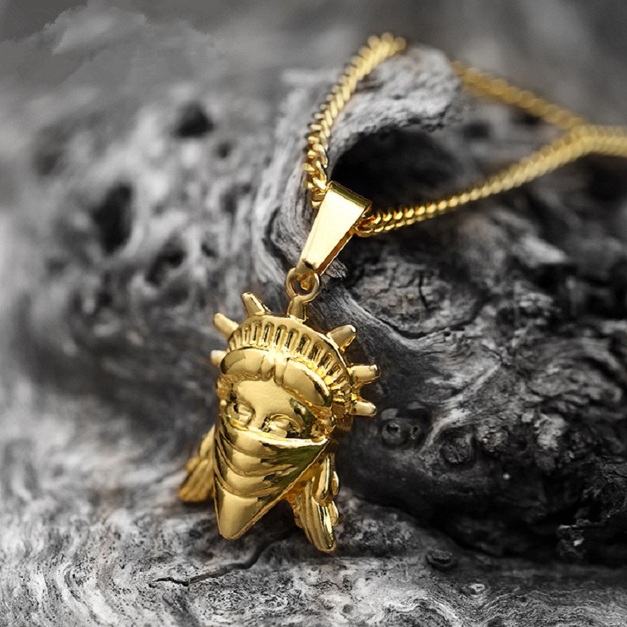 

Mens High Quality Fashion Jewelry Charm Gold Plated Small Pendant Necklace Masked Goddess Of Freedom Hip Hop Punk Rock Rap Men Gift